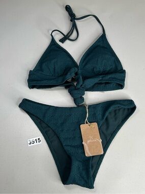 Berlook Bikini Set Medium Dark Green Textured Halter Top